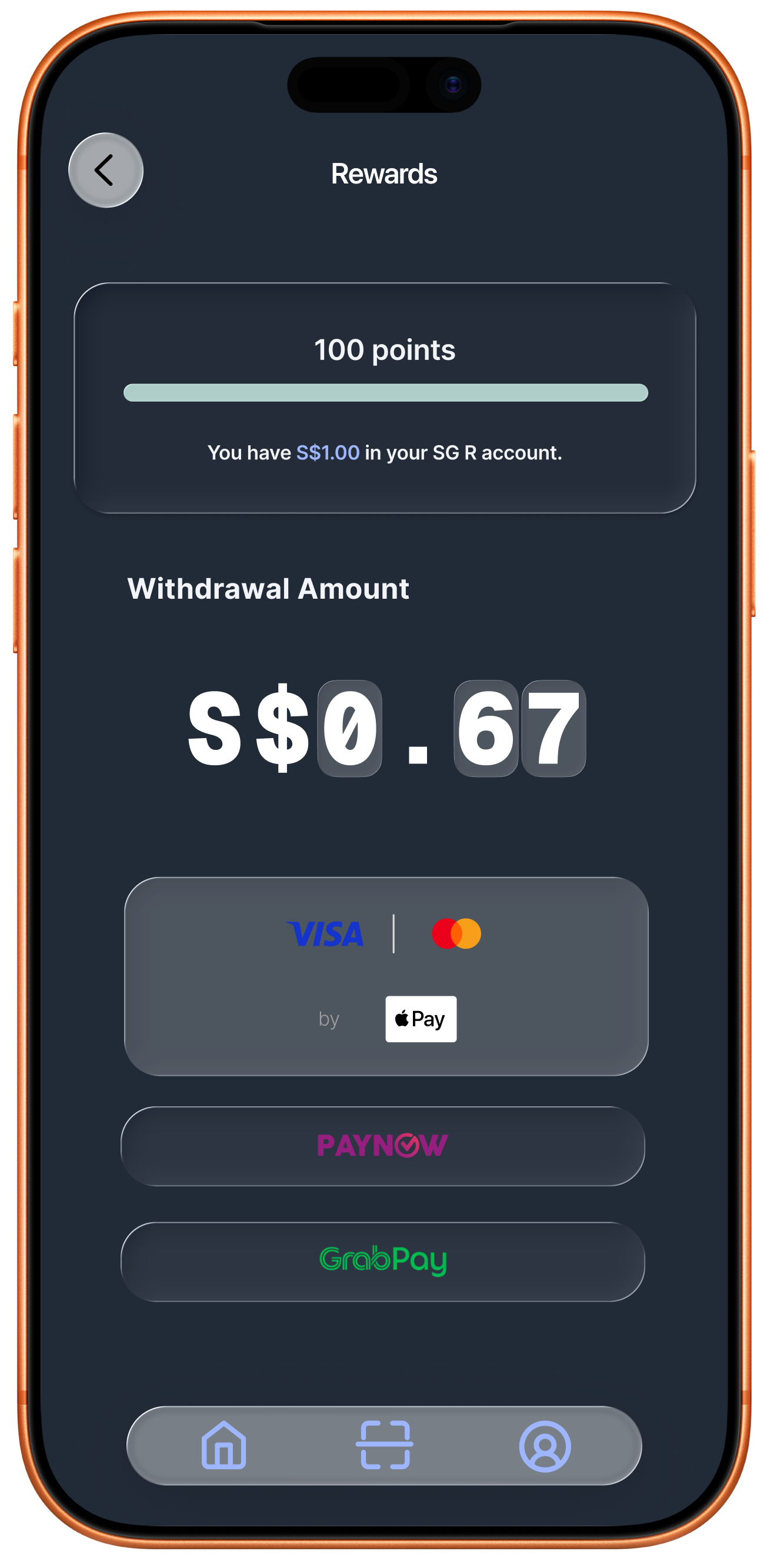SGR redesign withdrawal screen on iPhone showing a dark mode payout interface — 100 points converted to S$0.67, with three instant payout options: Apple Pay via Visa or Mastercard, PayNow, and GrabPay. Replaces the original app's manual monthly bank transfer with near-instant disbursements powered by Checkout.com.