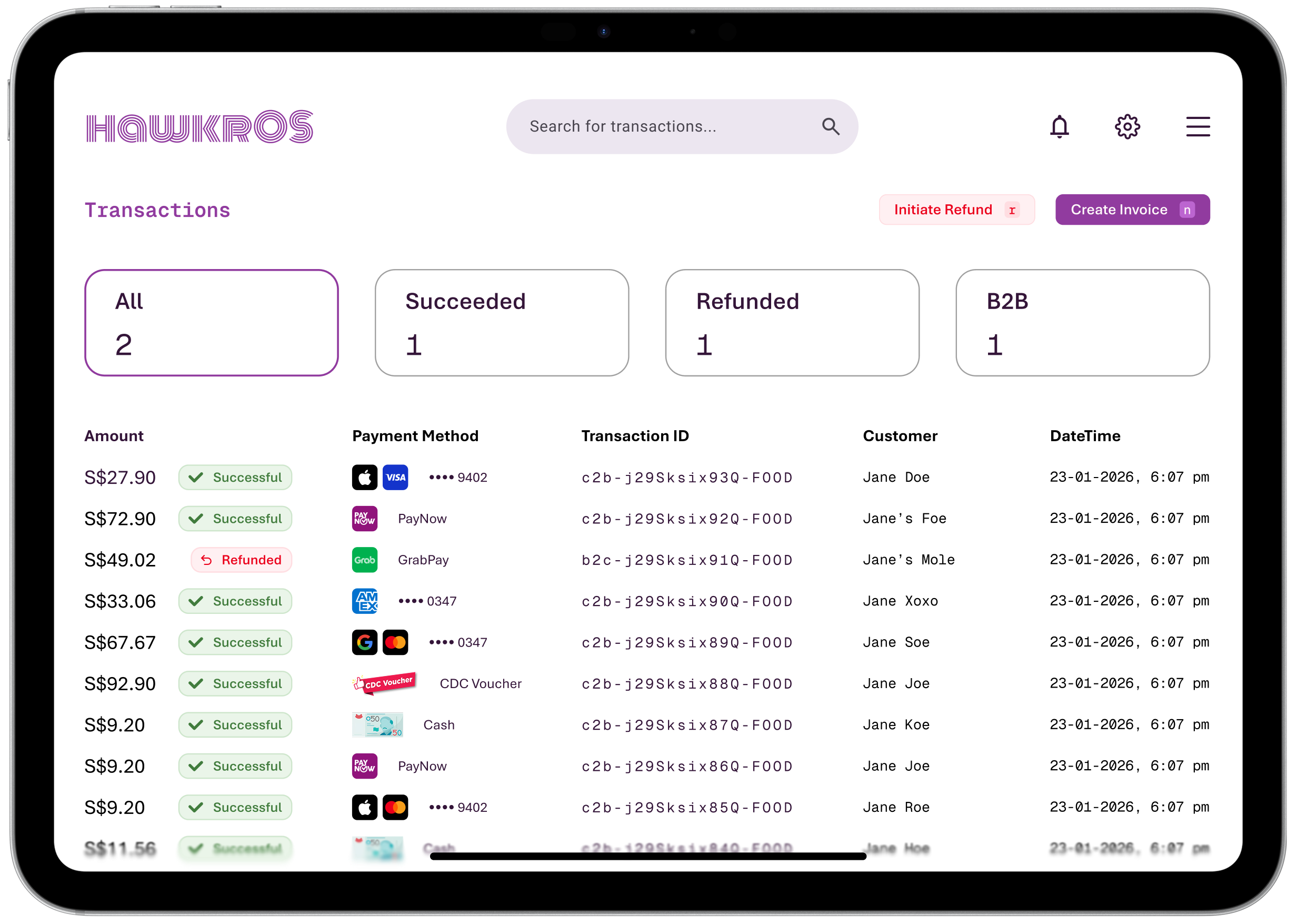 Hawkr OS transaction dashboard displayed on an iPad — a real-time financial management screen for hawker centre vendors, showing payment method breakdowns across Apple Pay, Visa, PayNow, GrabPay, Amex, Google Pay, CDC Vouchers, and Cash, with status-tagged transaction rows and keyboard-shortcut-enabled actions for refunds and invoice creation.
