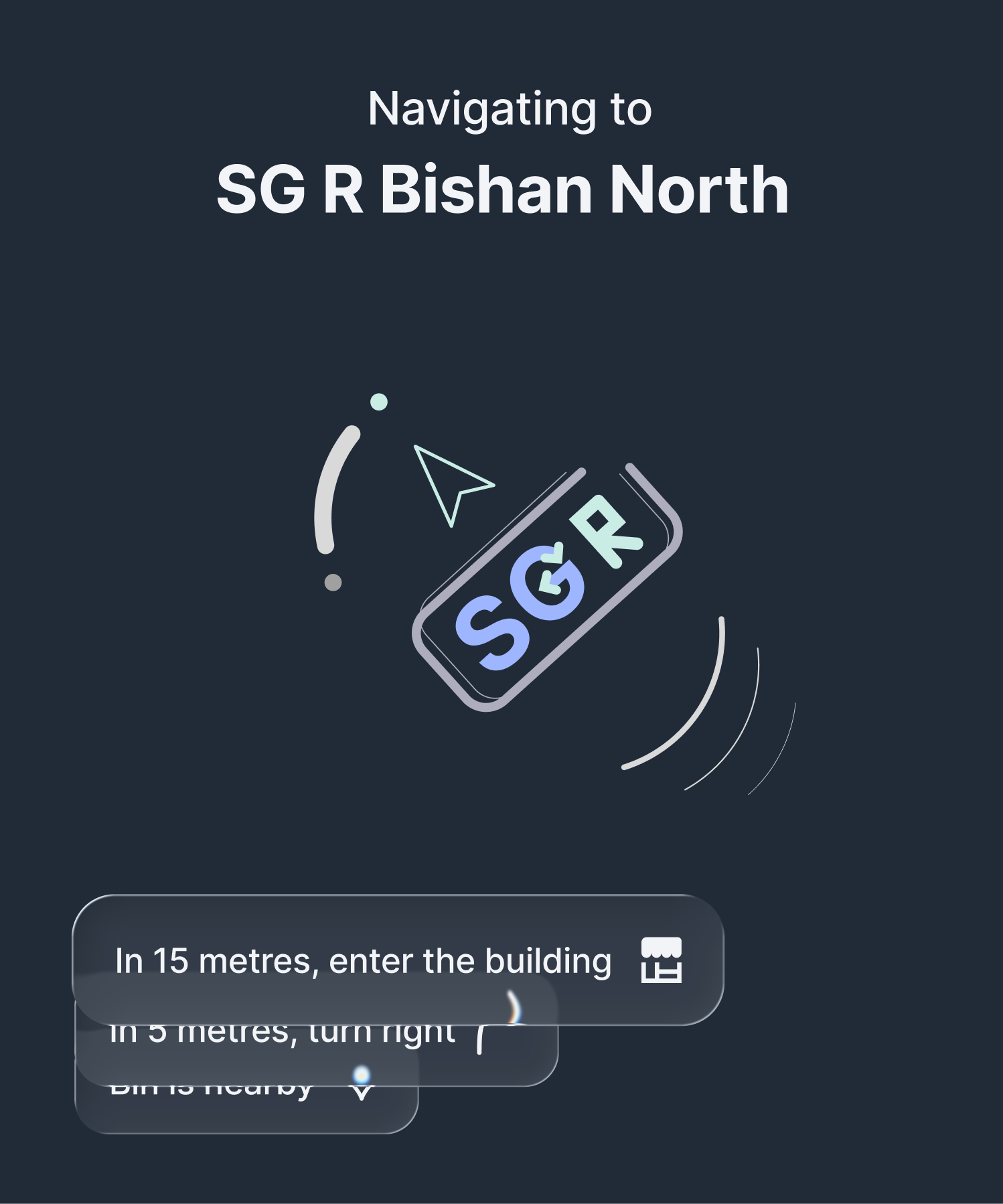 SG R case study cover showing a last-metre navigation screen — a directional compass pointing toward a recycling bin labelled "SG R Bishan North", with stacked proximity instructions reading "In 15 metres, enter the building", "In 5 metres, turn right", and "Bin is nearby". Designed around Bluetooth 6.0 Channel Sounding for sub-10cm bin-finding accuracy.